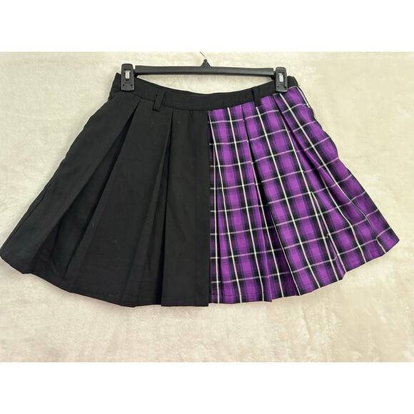 Hot Topic Black Purple Pleated Skirt L Goth Punk Pleated Pockets - Picture 1 of 10